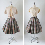 • Vintage 50's Plaid Full Swing Skirt Matching Blouse Top Sweater Girl Set S