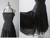 Vintage 50's Inspired 80's Black White Polka Dot Full Skirt Halter Dress M