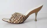 • Vintage 50's 60's Leopard Sculpted Metal Heel Atomic Wood Kitten Heels Shoes 8
