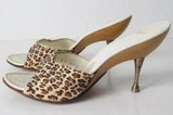 • Vintage 50's 60's Leopard Sculpted Metal Heel Atomic Wood Kitten Heels Shoes 8