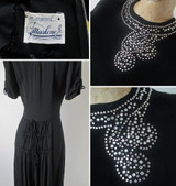 Vintage 40's Black Rayon Rhinestone Bustle Back Evening Party Dress NOS S