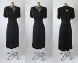 Vintage 40's Black Rayon Rhinestone Bustle Back Evening Party Dress NOS S