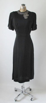 Vintage 40's Black Rayon Rhinestone Bustle Back Evening Party Dress NOS S