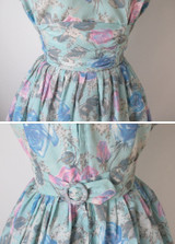 Vintage 50's Aqua Pink Blue Rose Buckle Back Full Swing Skirt Tea Party Dress M