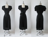 Vintage 40's Black Layered Deco Collar Rayon Swing Skirt Day Dress S
