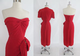 • Vintage 50's Red Rayon Strapless Sarong Evening Party Dress / Bolero Set XS