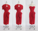 • Vintage 50's Red Rayon Strapless Sarong Evening Party Dress / Bolero Set XS