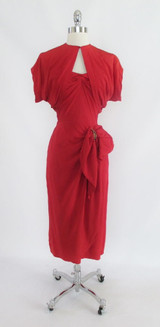 • Vintage 50's Red Rayon Strapless Sarong Evening Party Dress / Bolero Set XS