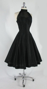 • Vintage 50's Black Chiffon Polished Cotton Full Skirt Evening Party Halter Dress M