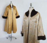 Vintage 50's Mink Trimmed Gold Brocade Evening Swing Jacket Coat One Size