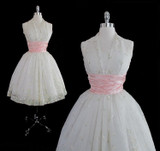 Vintage 50's Sheer White Organdy Pink Satin Velvet Roses Wedding Formal Party Prom Dress XS