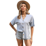 Easebig Short-sleeved V-neck Split Loose Shirt