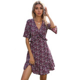 Easebig V-neck Flared Sleeves Open Back Ruffle Dress