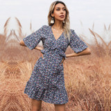Easebig V-neck Flared Sleeves Open Back Ruffle Dress
