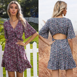 Easebig V-neck Flared Sleeves Open Back Ruffle Dress