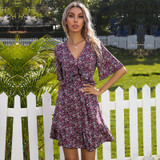 Easebig V-neck Flared Sleeves Open Back Ruffle Dress