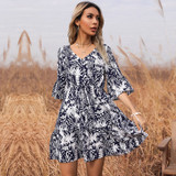 Easebig V-neck Strappy Flared Sleeve Dress