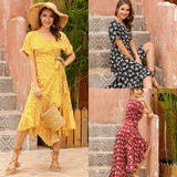 Easebig Chiffon Short-Sleeved Floral V-neck Dress Easebig Chiffon Short-Sleeved Floral V-neck Dress