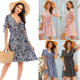Easebig Floral V-neck Short-sleeved Dress Easebig Floral V-neck Short-sleeved Dress