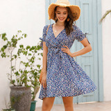 Easebig Floral V-neck Short-sleeved Dress Easebig Floral V-neck Short-sleeved Dress