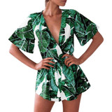 Deep V Neck Leaf Print Short Sleeve Romper