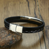 Vnox Multi Layer Leather Bracelets for Men Women Customizable Engraving Stainless Steel Bar Bangles Casual Personalized Pulseira