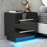55x37x50cm 2 Drawer Modern High Gloss Nightstand End Table 20 Modes LED RGB Lighting Black/White