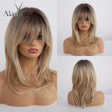 Long Ombre Brown Blonde Wigs with Bangs Cosplay Synthetic