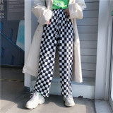 Plaid Pants Female Elastic Waist Loose Full Length Trousers