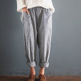 Pockets Loose Striped Cotton Linen Long Harem Pants Women Elastic Pockets Loose Striped Cotton Linen Long Harem Pants Women Elastic