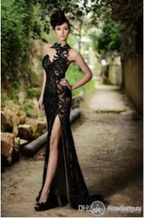 Women's Elegant Prom Dress Beading Split Appliqued High Neck Mermaid Sequins Evening Gloves Formal Gown