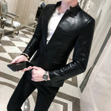 Solid Black Slim Fit Blazer Hombre PU Leather Jacket Men