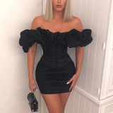 Black Off-the-Shoulder Ruffled  Bodycon  Mini Dress