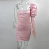 Pearl Mesh Puff Sleeve  One-Shoulder Mini Dress
