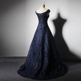 Navy Blue  Boat neck Sequin Off the Shoulder   Ball Gown