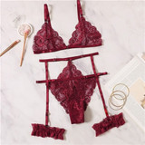 Scalloped Trim Floral Lace Garter Lingerie Set