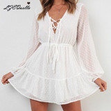 LZEQuella Long Sleeve Chiffon Mini Dress Party Ruffles Lace up Dresses Sexy V neck Summer White Dresses Vestidos NZ1445