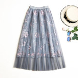 Floral Embroidery Long Pleated Skirt