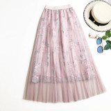 Floral Embroidery Long Pleated Skirt