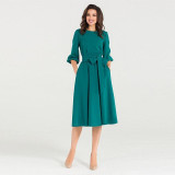 Vintage Pleated Belt Retro Elegant Midi Dress