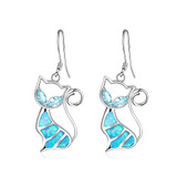 Cute Crystal Blue Opal Cat Dangle Hook Earrings Charm Jewelry Gift for Women