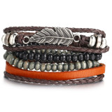 Vintage Leaf Feather Multilayer Leather Bracelet Men Fashion Braided Handmade Star Rope Wrap Bracelets & Bangles
