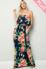 FLORAL STRAPLESS RUFFLE MAXI DRESS