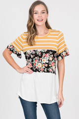 STRIPE & FLORAL COLOR BLOCK JERSEY KNIT TUNIC