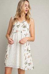 LACE TRIM FLORAL PRINT SLEEVELESS DRESS