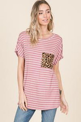 STRIPE SHORT SLEEVE TOP WITH LEOPARD POCKET