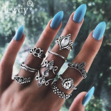 20 Styles Women Bohemian Vintage Crown Wave Flower Heart Lotus Star Leaf Crystal Opal Joint Ring Party Jewelry Silver Rings Set