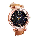 Fashion Starry Sky Round Dial Roman Number Faux Leather Band Women Quartz Wrist Watch