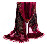 New Wine Red Quadrate Women Velvet Silk Beaded Sequin Shawls Scarves Vintage Handmade Embroider Peacock Scarf Wrap 112311