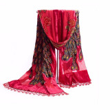 Vintage Peacock 100% Velvet Silk Scarves Chinese Style Women's Beaded Embroidery Shawl Scarf Wrap Long Fringle Pashmina Stole